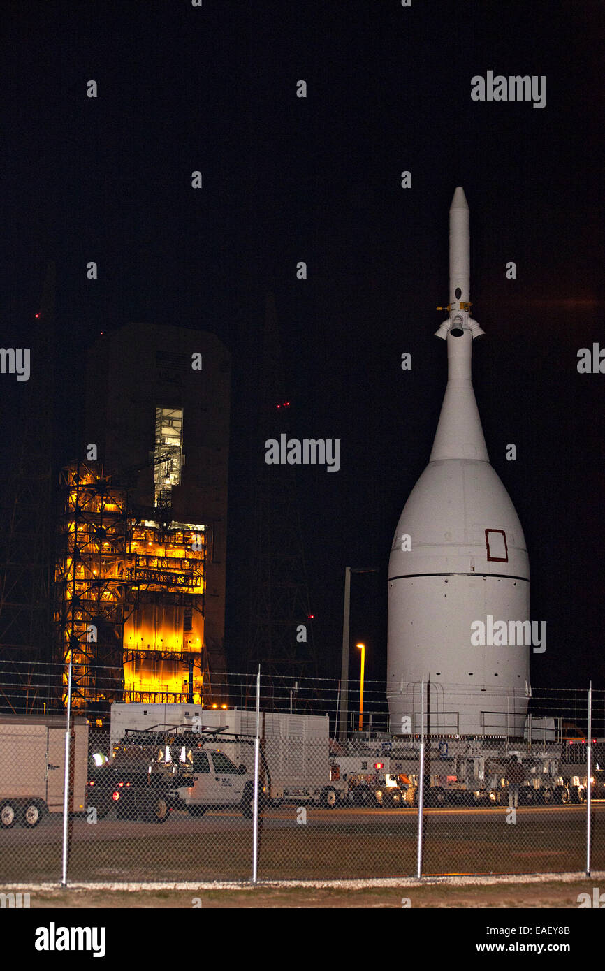 NASA's Orion spacecraft is moved to the launch pad where it will be mounted atop a Delta IV Heavy rocket at NASA's Kennedy Space Center November 12, 2014 in Cape Canaveral, Florida. The first unpiloted flight test of Orion is scheduled to launch December 4, 2014. Stock Photo