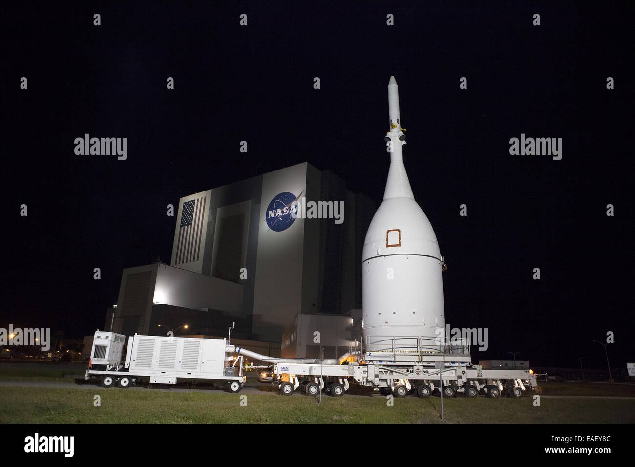 NASA's Orion spacecraft is moved to the launch pad where it will be mounted atop a Delta IV Heavy rocket at NASA's Kennedy Space Center November 12, 2014 in Cape Canaveral, Florida. The first unpiloted flight test of Orion is scheduled to launch December 4, 2014. Stock Photo