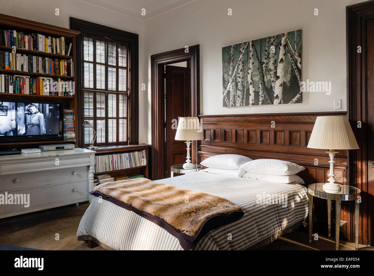 Frank Faulkner Birch Painting Above Bed In Room With Mirrored Side Tables And Original Wooden Shutters And Door Frames Stock Photo Alamy