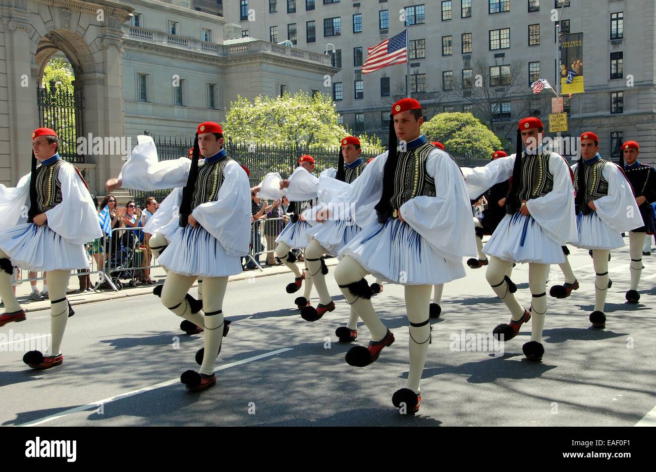 NYC: Greek soldiers marching in formation at the Greek Independence Day Parade on 5th Avenue Stock Photo