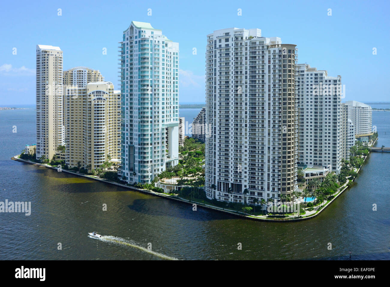 Brickell Key - Maimi, Florida: Day time shot of the Condominiums on Brickell Key, a man-made island in Downtown Miami, Florida. Stock Photo