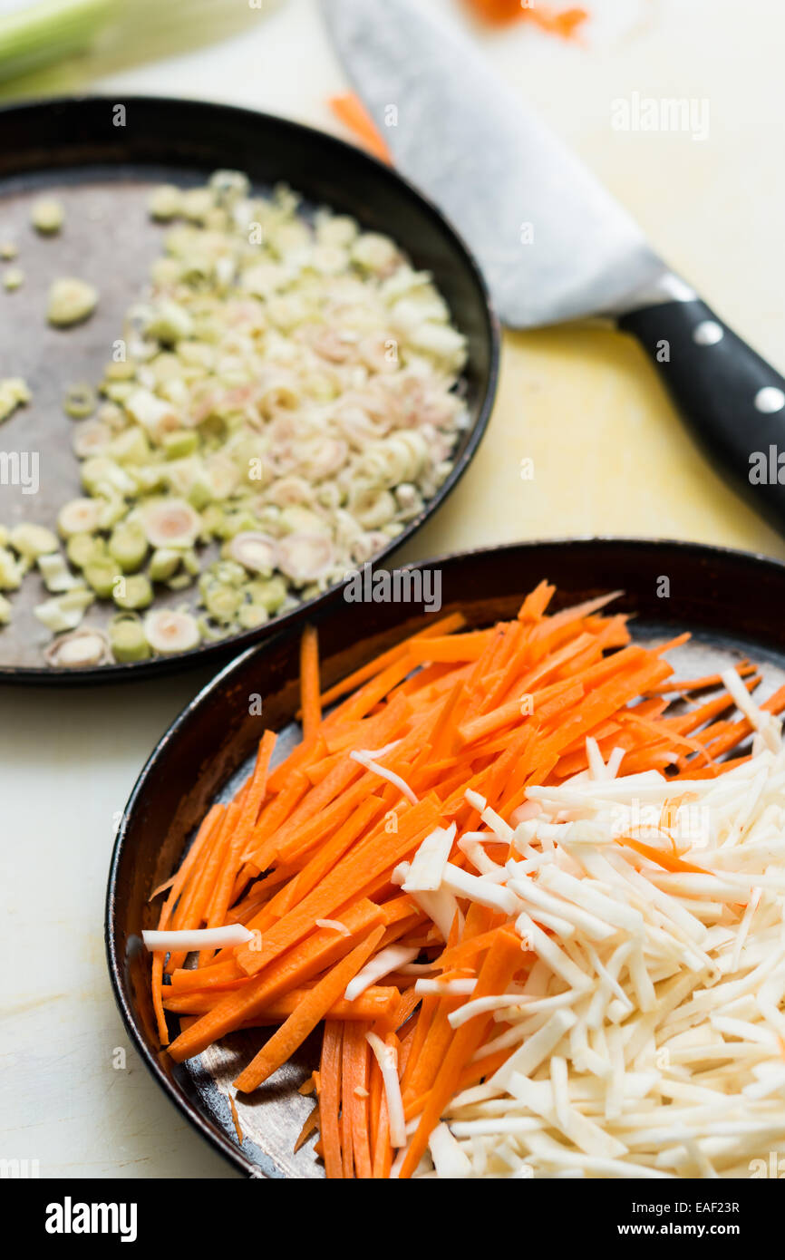 Cut green onion, celery and carrot in metal frying pans, with knife in