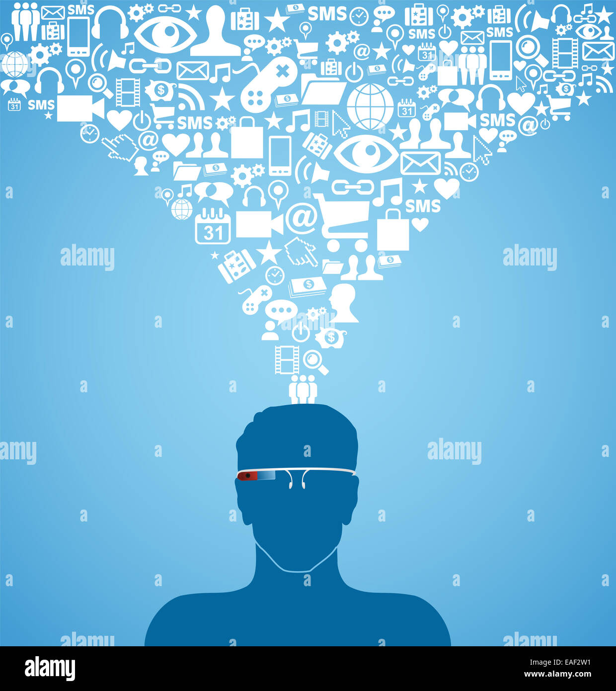 Tech man with smart glasses network icons app concept illustration ...