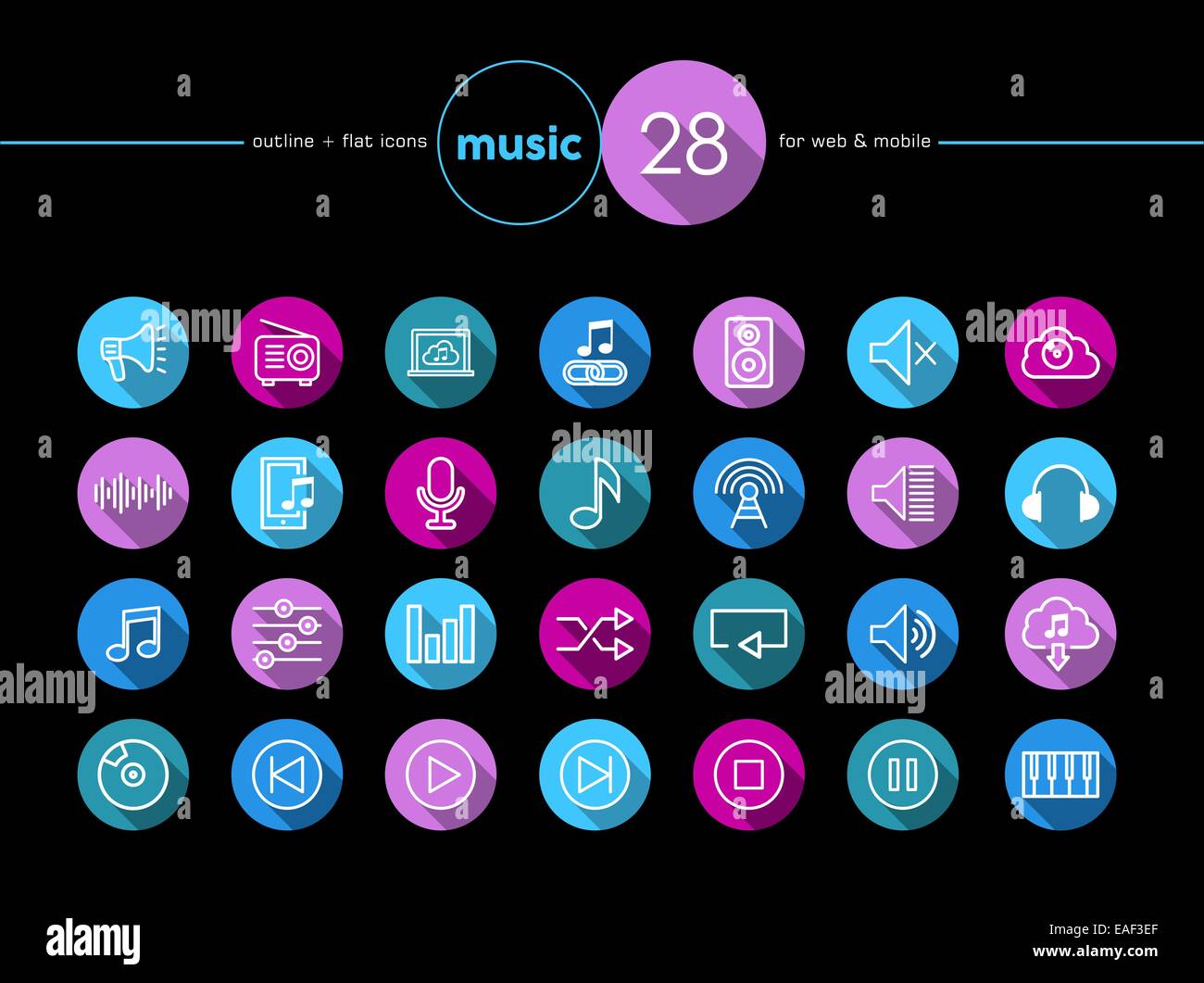 Music colorful flat icons set for web and mobile app. EPS10 vector file organized in layers for easy editing. Stock Photo