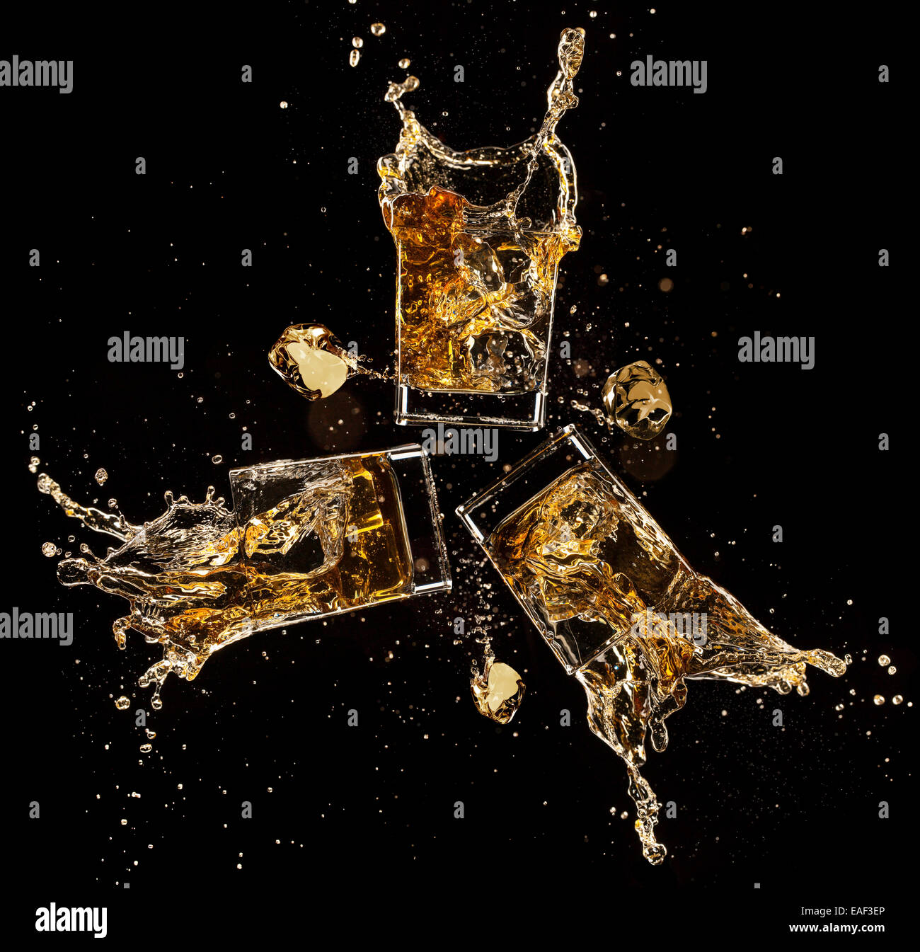 Concept of glasses of whiskey with splashes, isolated on black background Stock Photo
