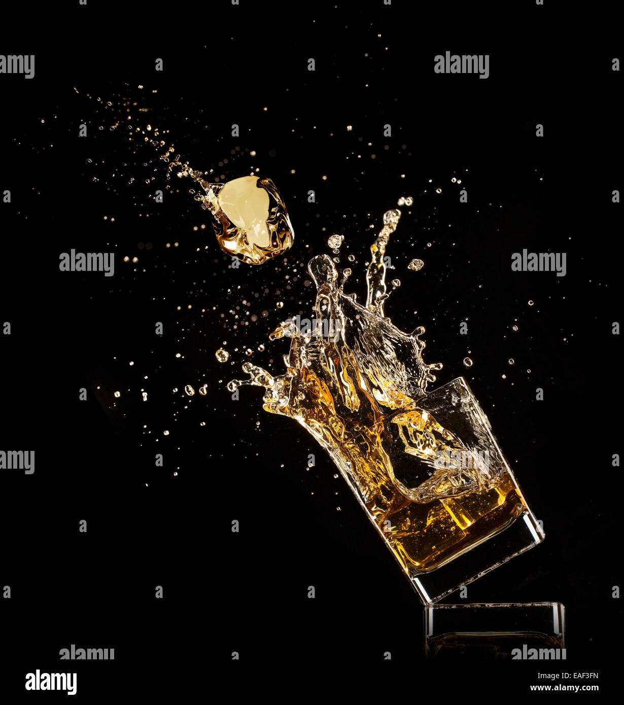 Glass of whiskey with splash, isolated on black background Stock Photo