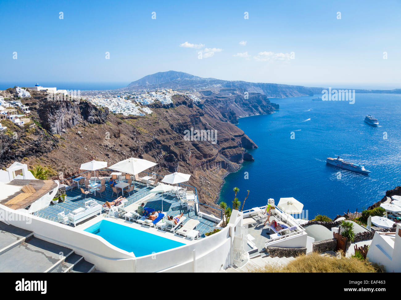 Cruise Ships, Imerovigli and Fira coastline, Santorini, Thira, Cyclades Islands, Greek Islands, Greece, EU, Europe Stock Photo