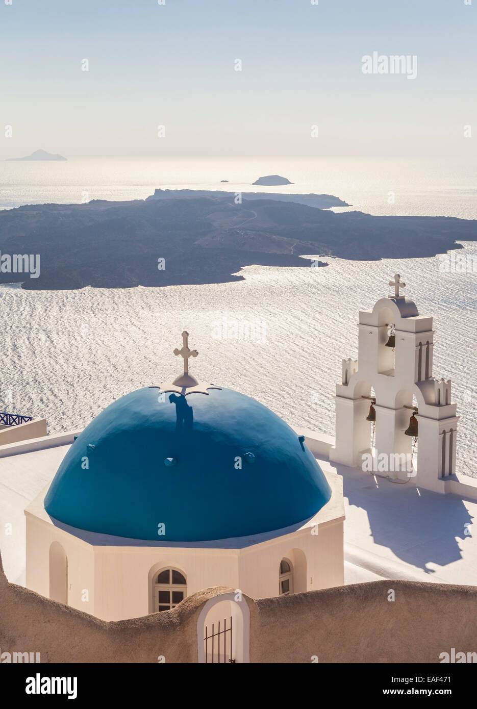Blue Dome of St Gerasimos church, Firostefani, Fira, Santorini, Thira, Cyclades islands, Aegean Sea, Greece, EU, Europe Stock Photo