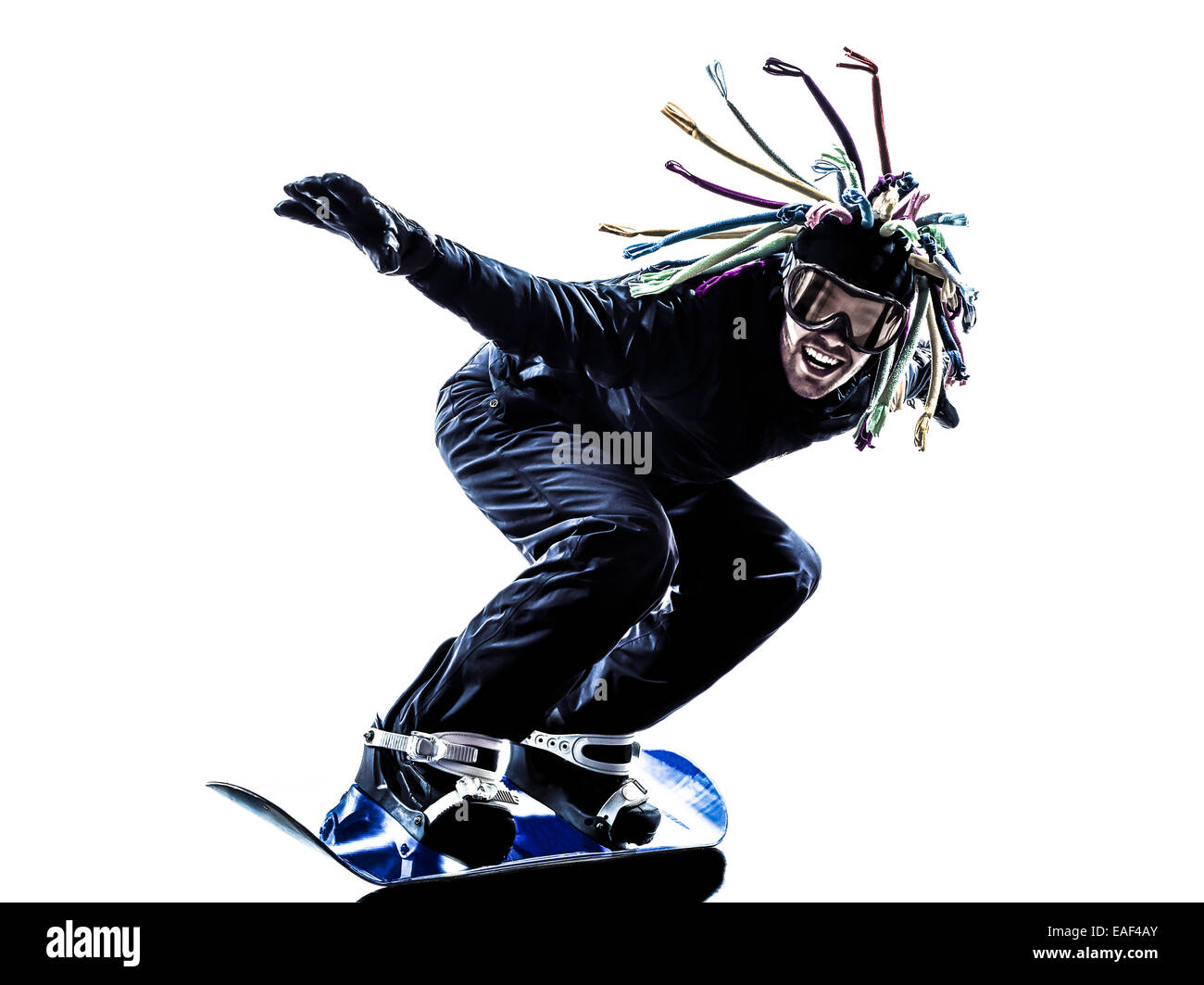 one  young snowboarder man in silhouette white background Stock Photo