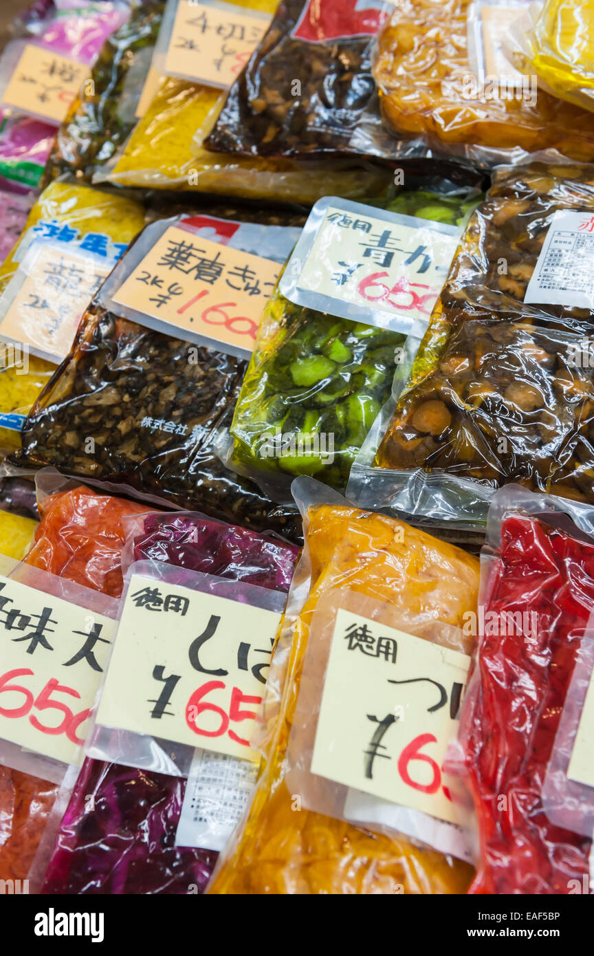 Pickled vegetables for sale, Tsukiji Fish Market, Tokyo, Japan Stock