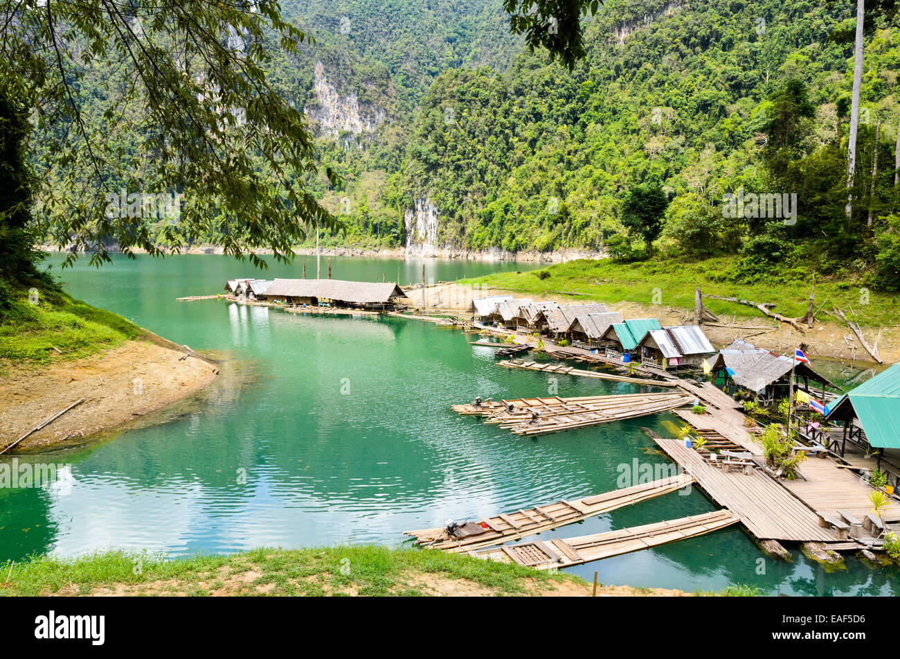 Motor raft wharf in Ratchaprapha Dam at Khao Sok National Park, Surat Thani, Thailand Stock Photo