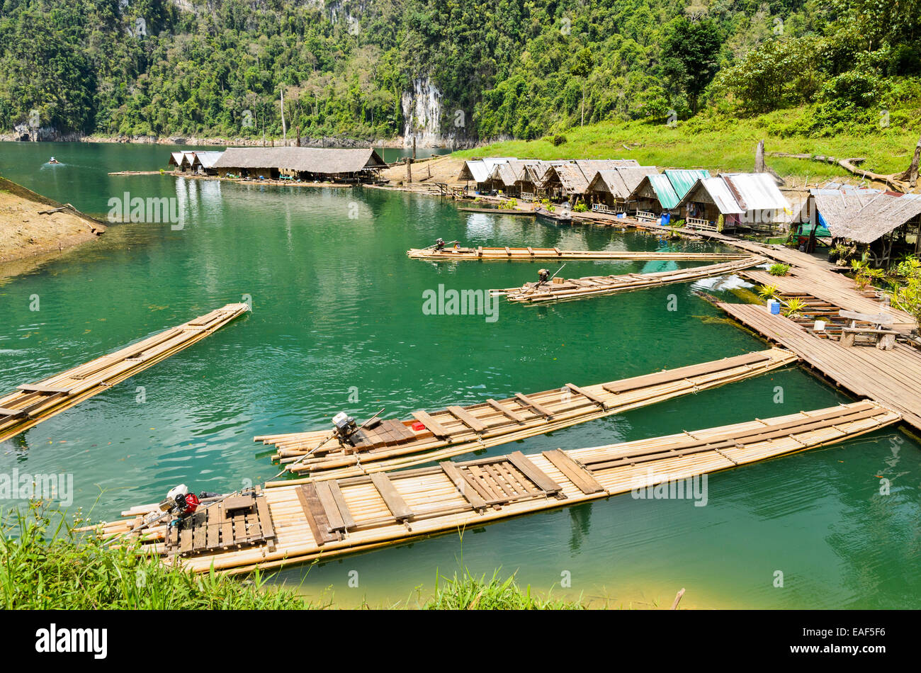 Motor raft wharf in Ratchaprapha Dam at Khao Sok National Park, Surat Thani, Thailand Stock Photo