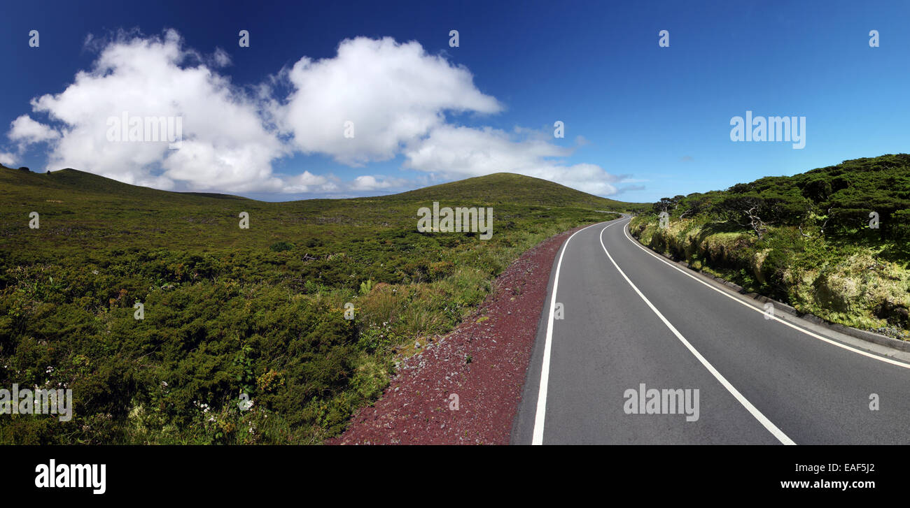 Panoramic view of Flores Island's top plateau. Azores archipelago, Portugal. Stock Photo