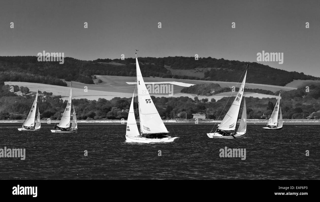 Black and white image of small sailing boats (dingies) Stock Photo