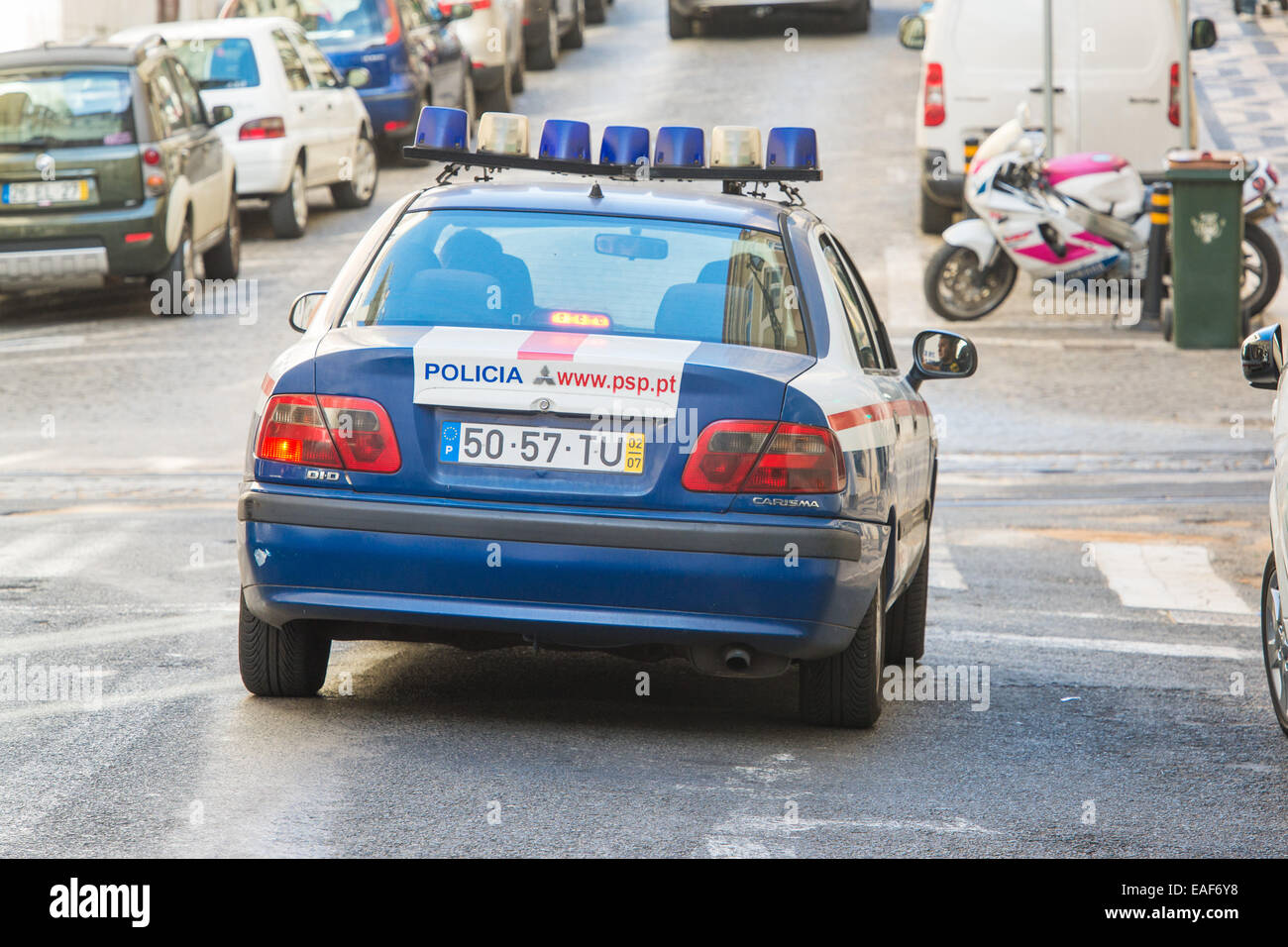 A police car in Lisbon, Portugal Stock Photo