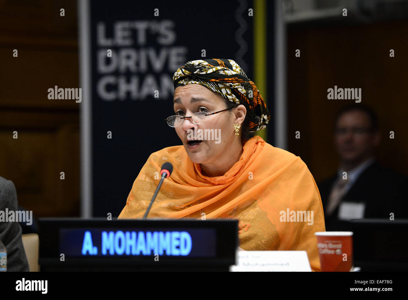 New York, UN headquarters in New York. 13th Nov, 2014. Amina J. Mohammed, UN secretary-general's special advisor on the Post-2015 Development Planning, speaks during a panel discussion marking the launch of Together for Safer Roads, a private sector initiative aimed at reducing road traffic collisions, at the UN headquarters in New York, on Nov. 13, 2014. A UN official on Thursday called for global partnerships between all sectors of enterprise to tackle deaths and injuries by traffic accidents. Credit:  Niu Xiaolei/Xinhua/Alamy Live News Stock Photo