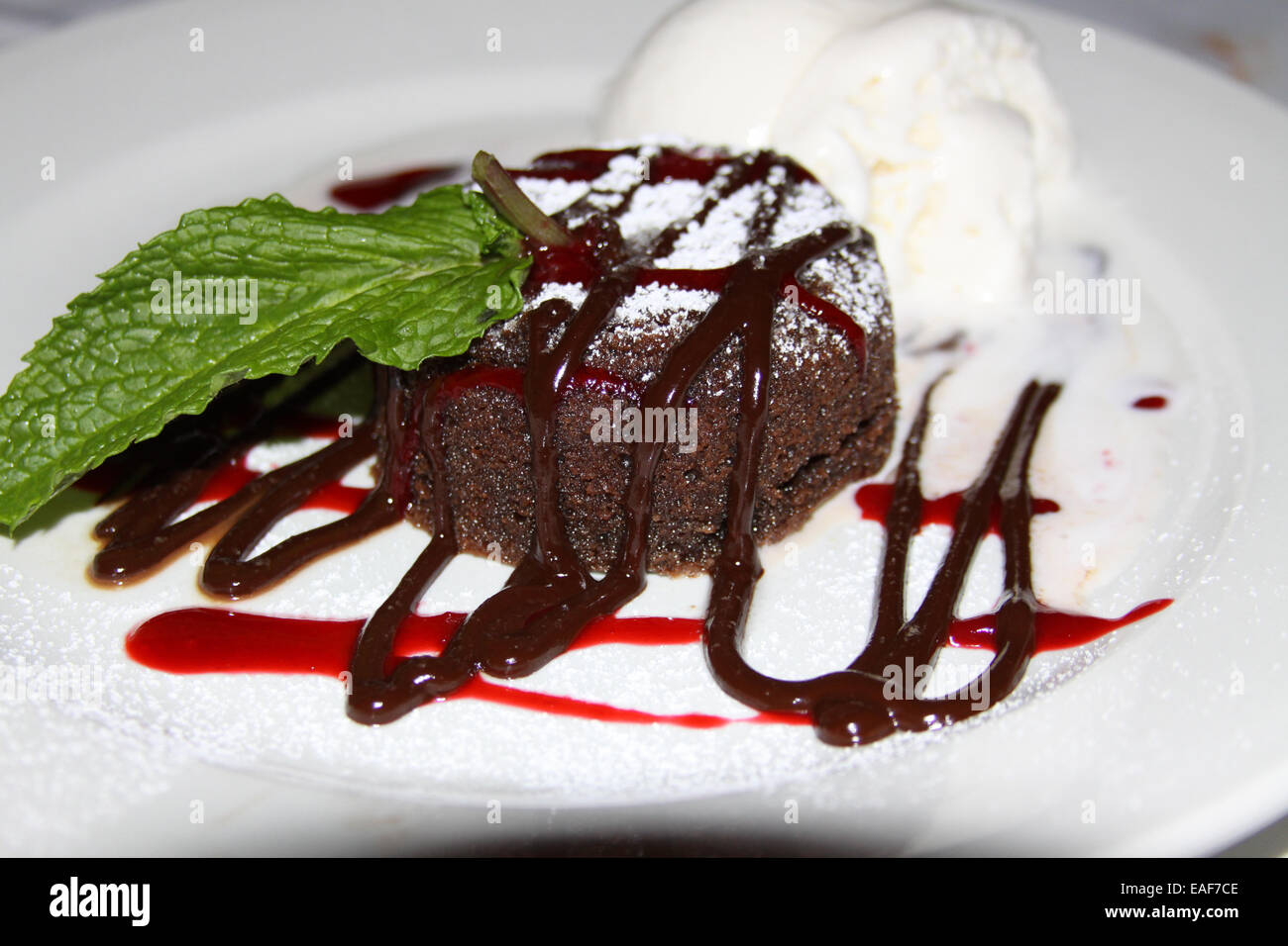 Raspberry chocolate cake with vanilla ice cream a la mode - Stock Image