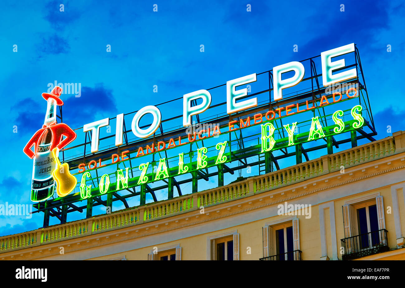 TIo Pepe luminous sign at its new location in Puerta de Sol square. Madrid, Spain Stock Photo