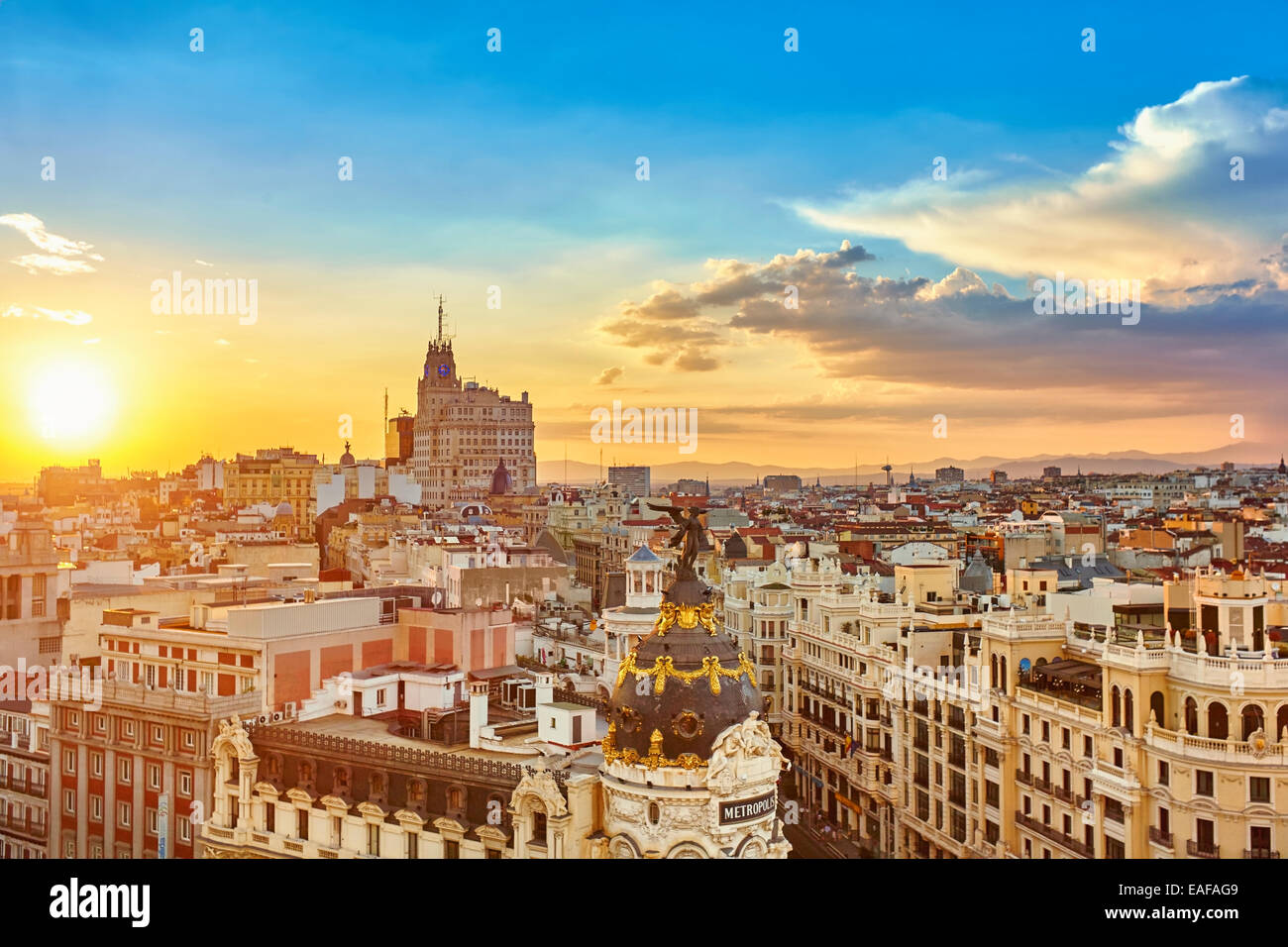 Madrid skyline from The Circulo de Bellas artes rooftop, located near Gran Via street. Madrid, Spain. Stock Photo