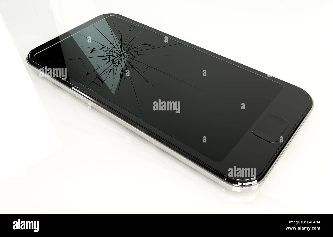 A regular modern day smart phone with a cracked glass screen on an isolated white studio background Stock Photo