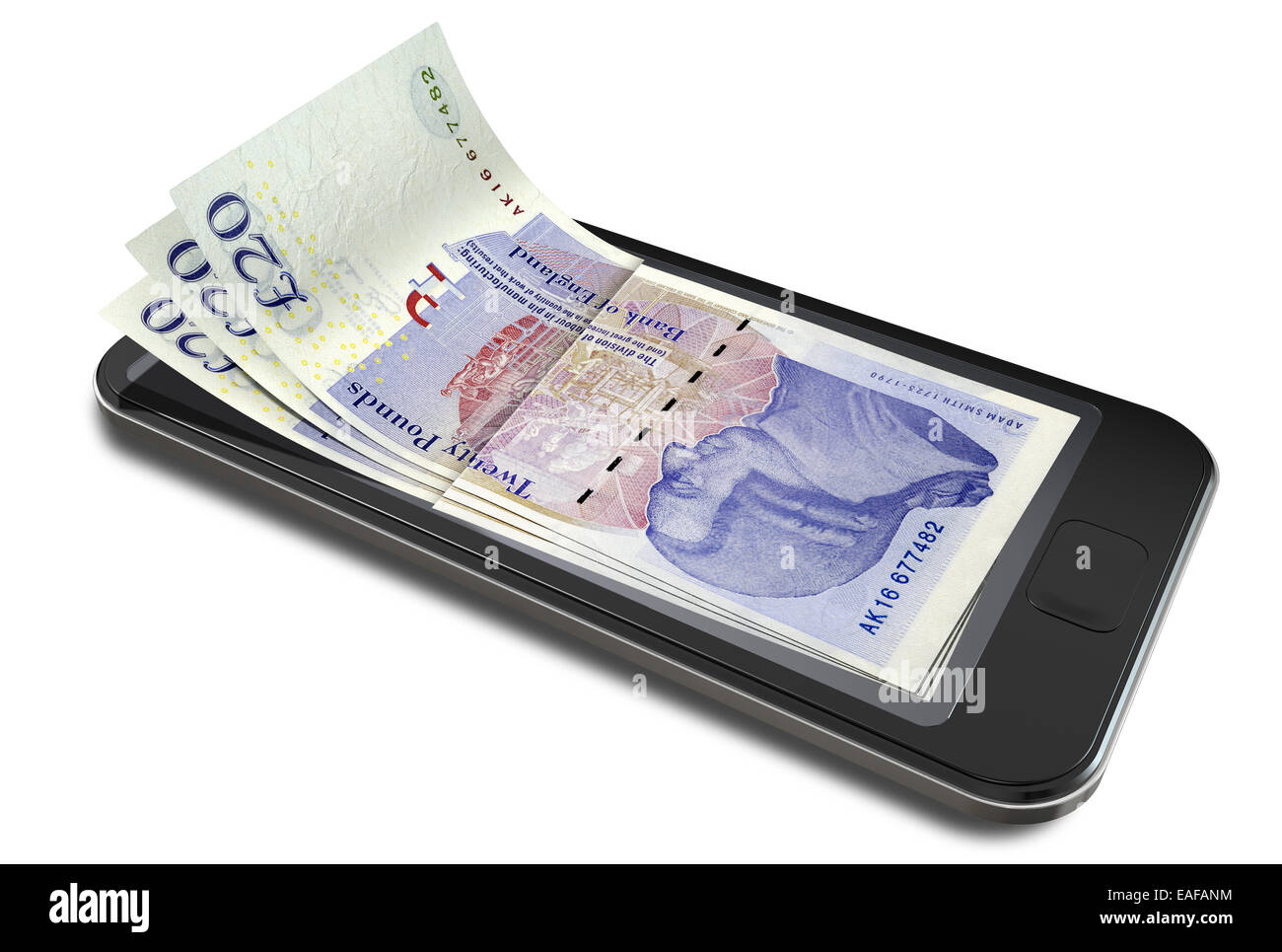 A concept image of a generic smart phone with digital on screen money changing into real british pound banknotes signifying cell Stock Photo