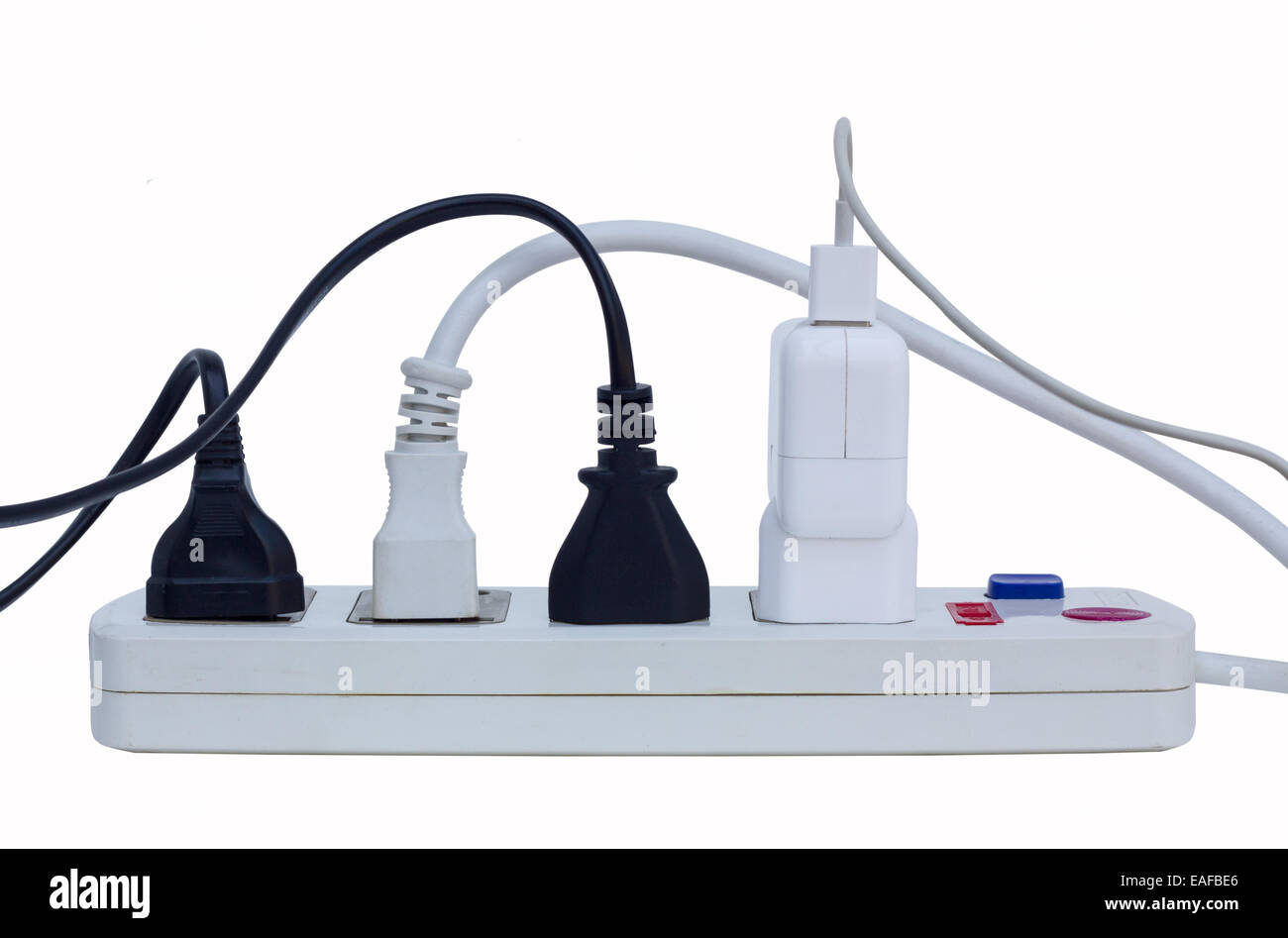 white multiple socket extension cord with plugs isolated in white