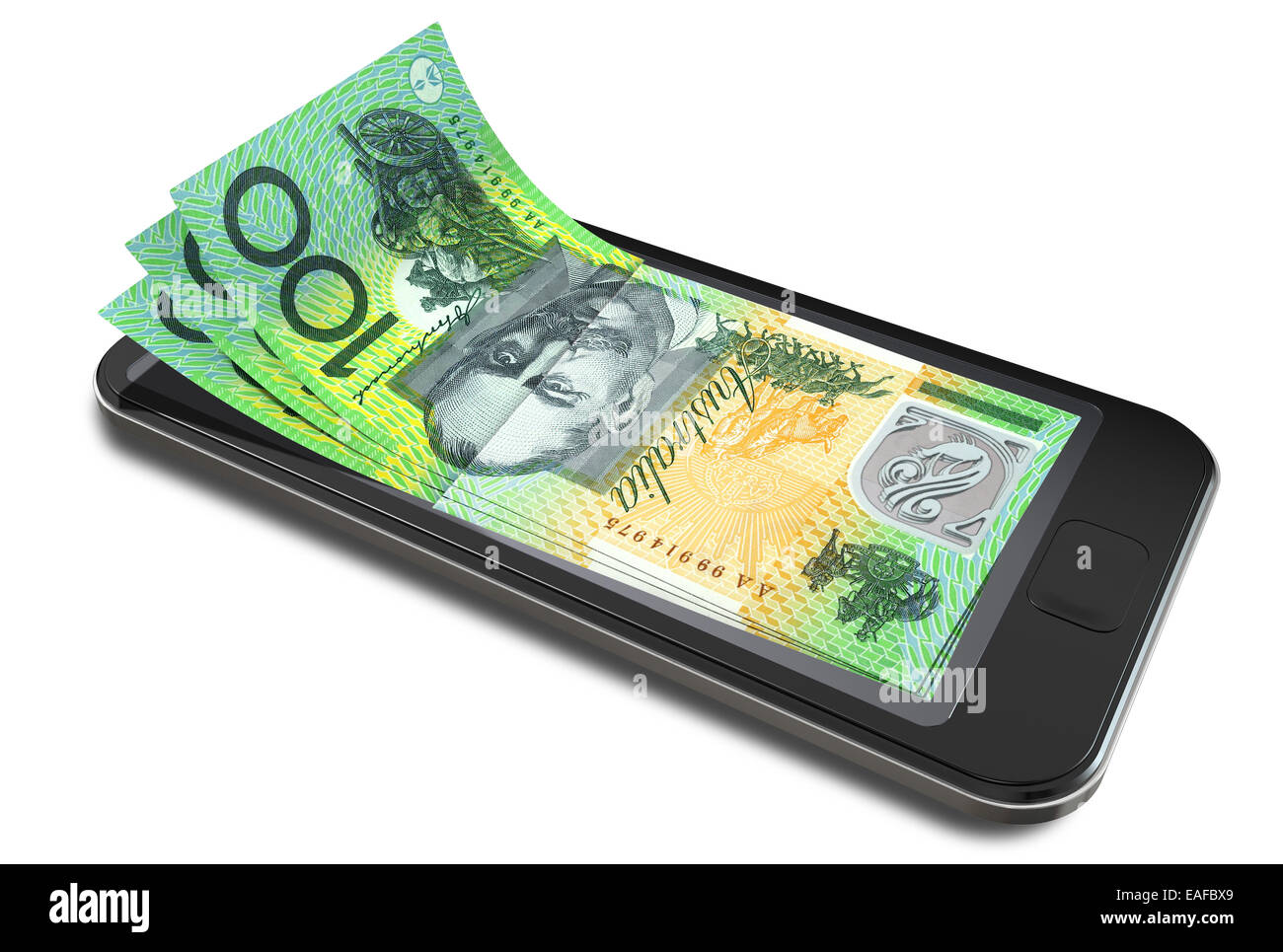 A concept image of a generic smart phone with digital on screen money changing into real australian dollar banknotes signifying Stock Photo