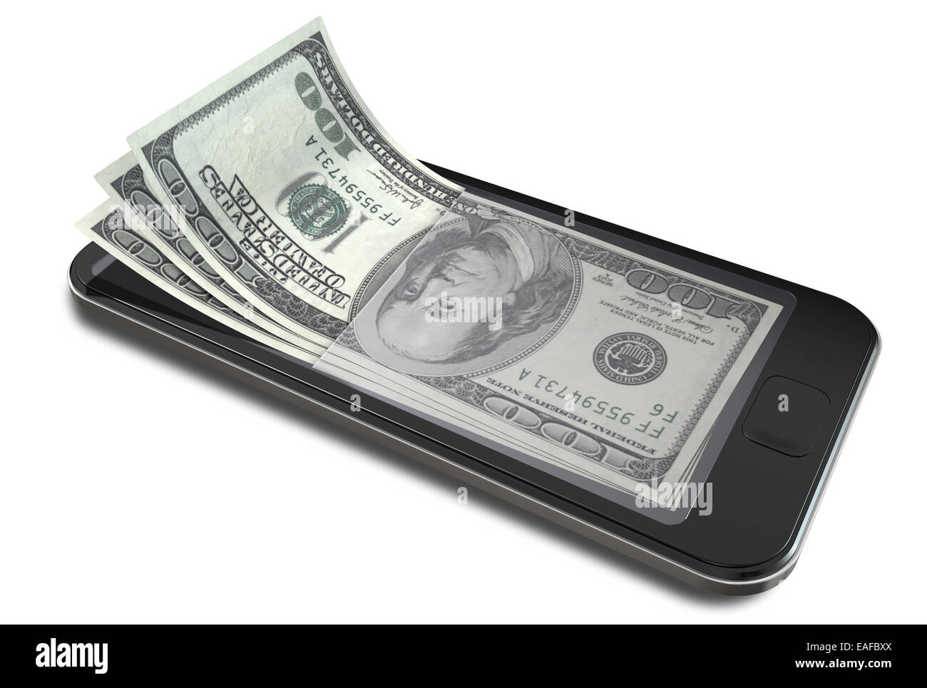 A concept image of a generic smart phone with digital on screen money changing into real us dollar banknotes signifying cell pho Stock Photo