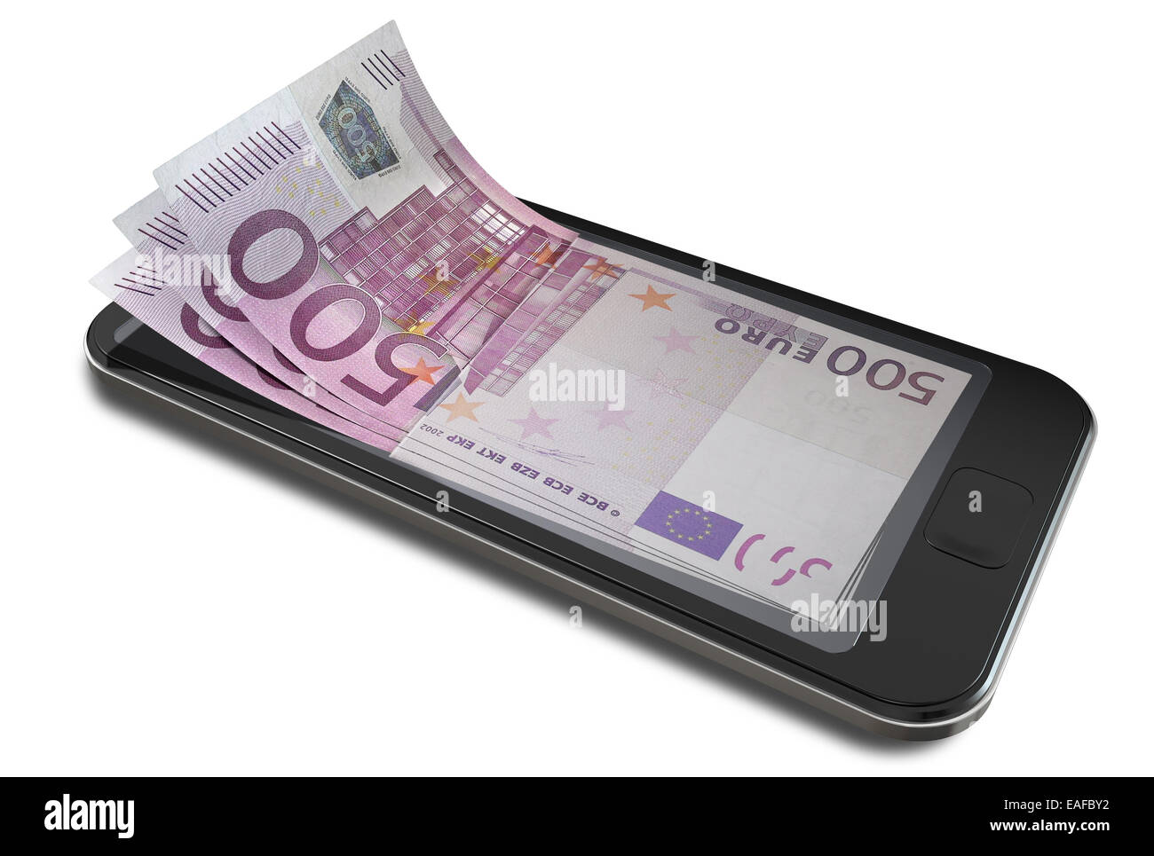 A concept image of a generic smart phone with digital on screen money changing into real euro banknotes signifying cell phone pa Stock Photo