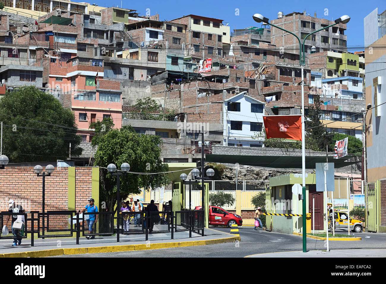 The entrance and exit of the Terminal Terrestre (bus terminal) along Javier Perez de Cuellar Avenue in Arequipa, Peru Stock Photo