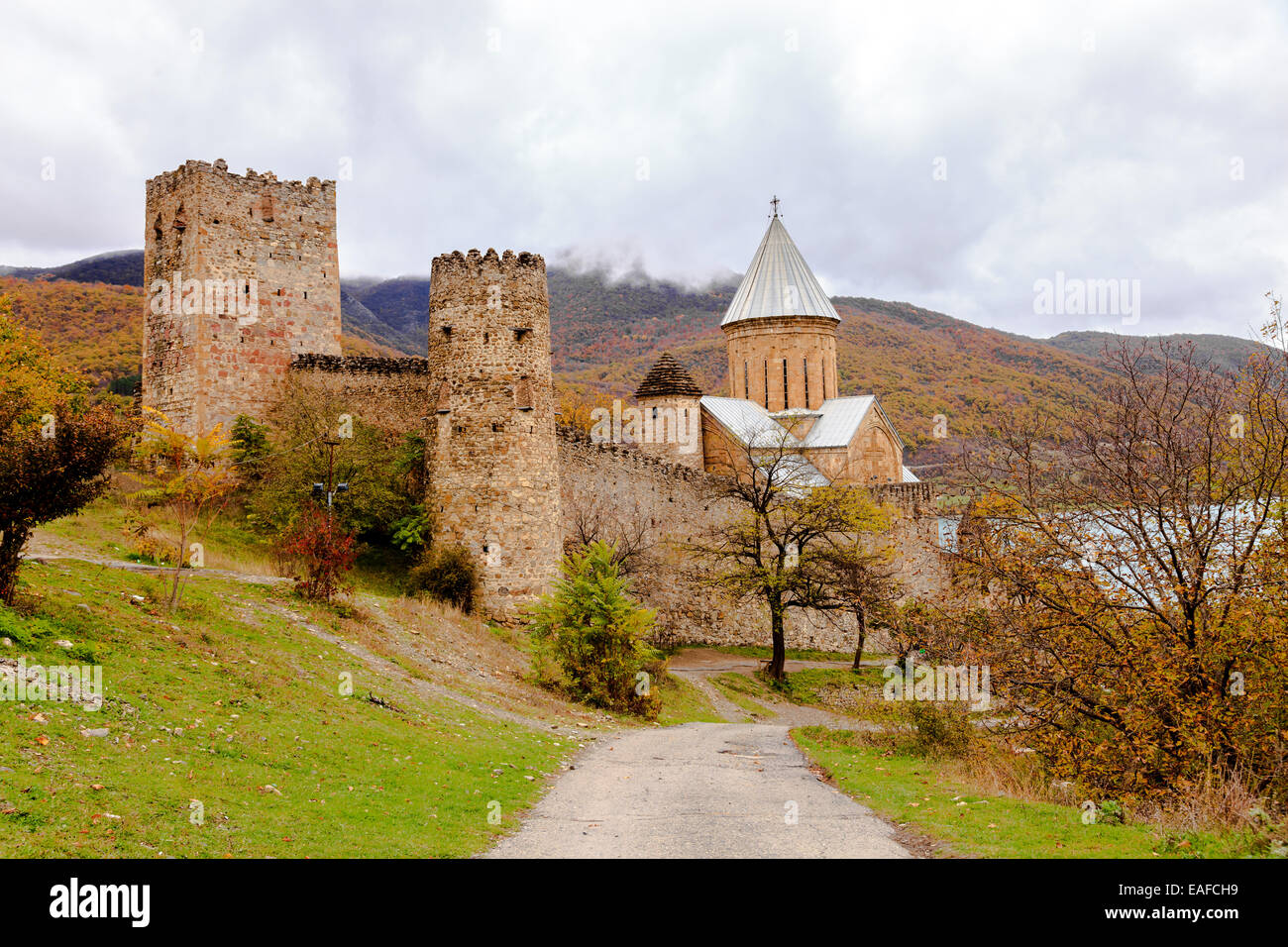 Ananuri Fortress is a medieval fortress located near Georgian Military Road north of Mtskheta, Georgia Stock Photo