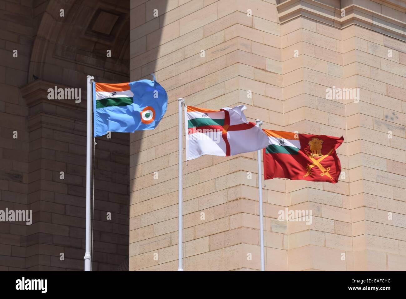 Indian military forces flags flying high Stock Photo