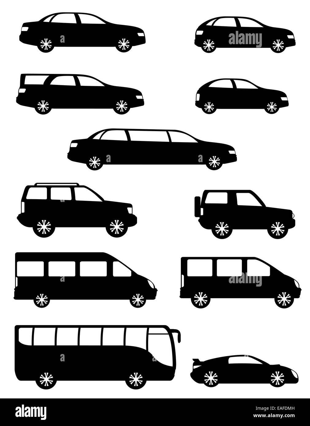 set icons passenger cars with different bodies black silhouette illustration isolated on white background Stock Photo