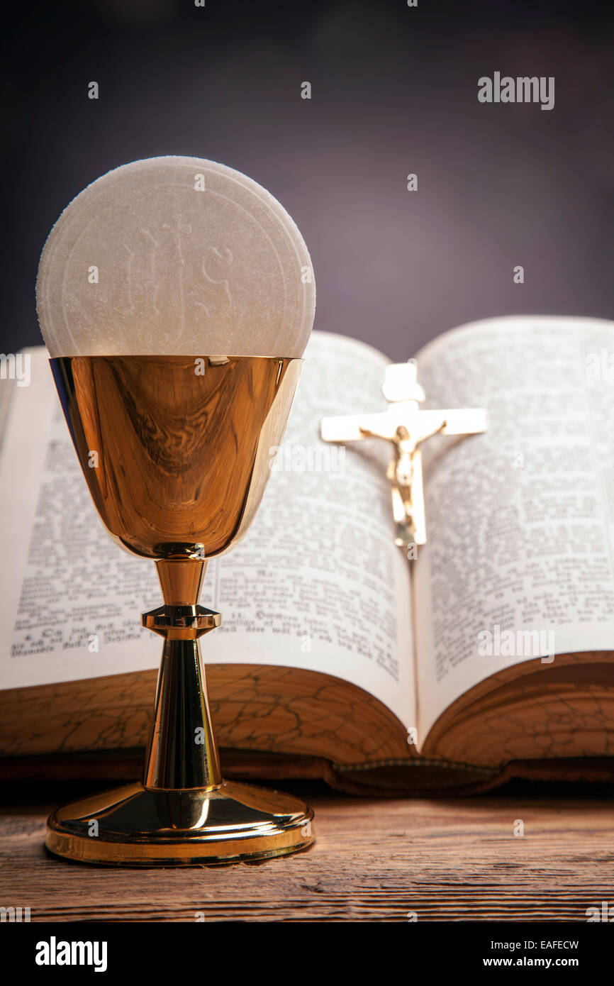 Sacred objects, bible, bread and wine Stock Photo Alamy