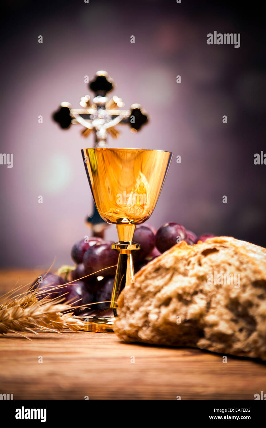 Sacred objects, bible, bread and wine Stock Photo Alamy