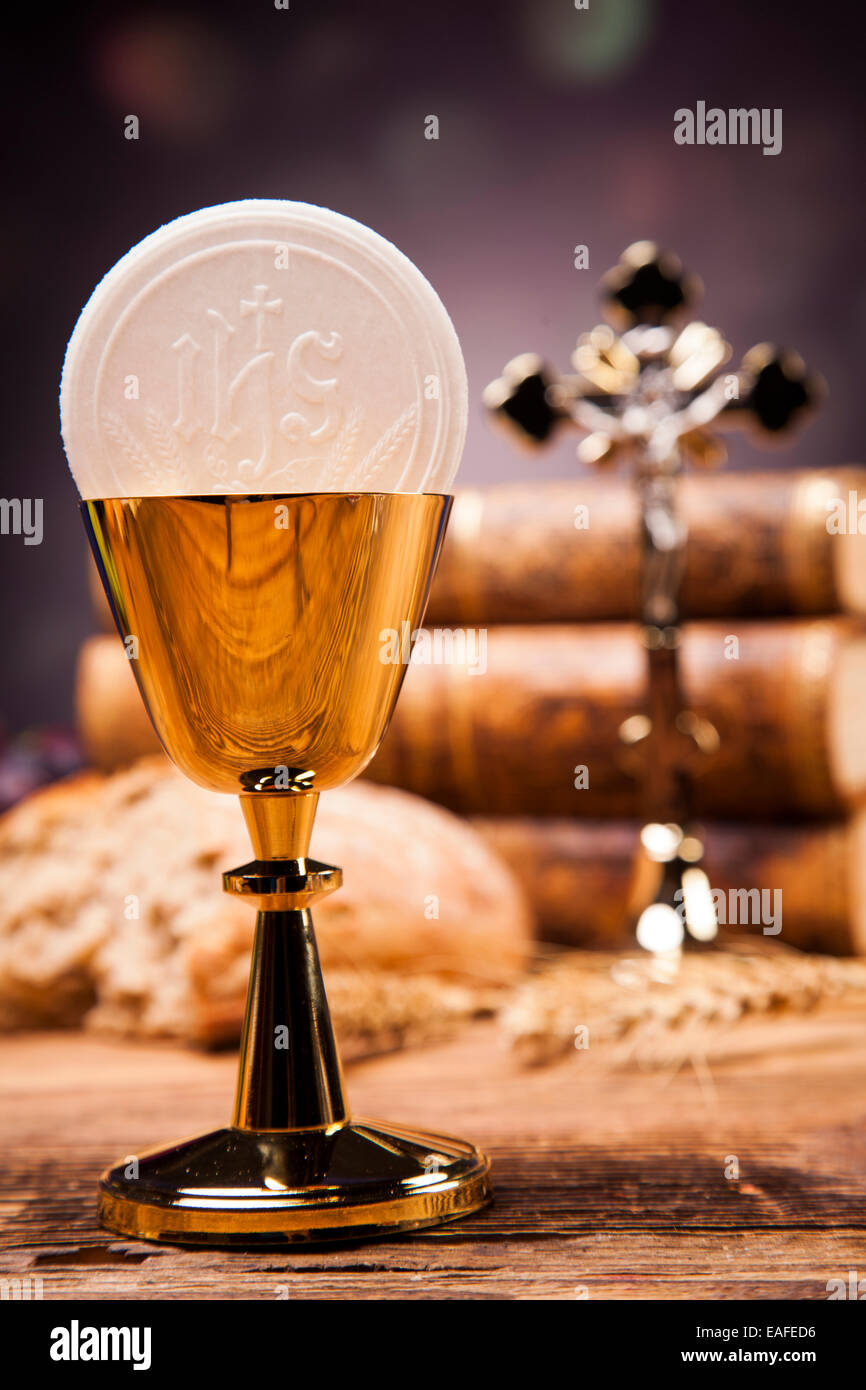 Sacred objects, bible, bread and wine Stock Photo Alamy