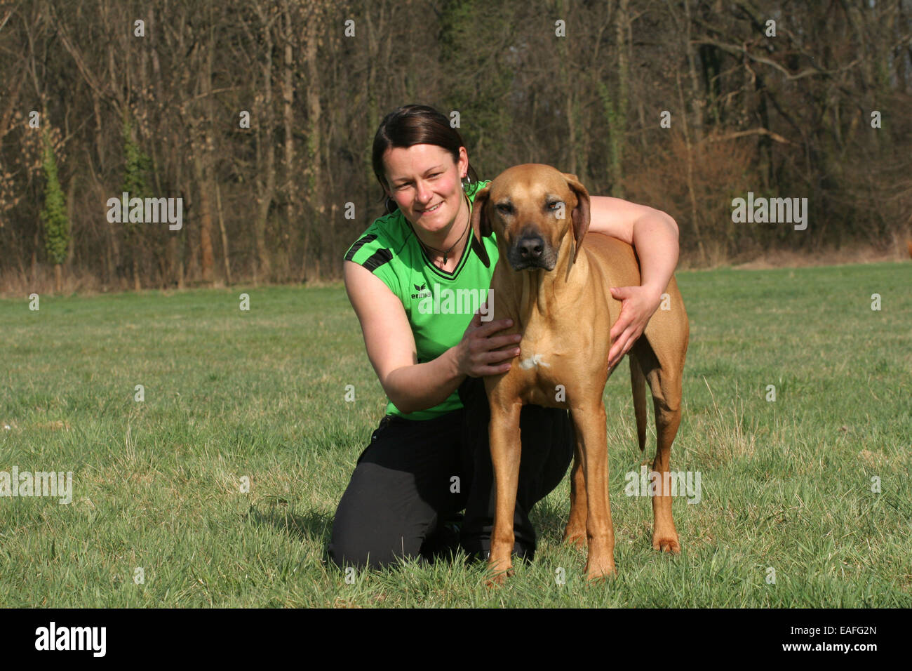 woman with Rhodesian Ridgeback Stock Photo