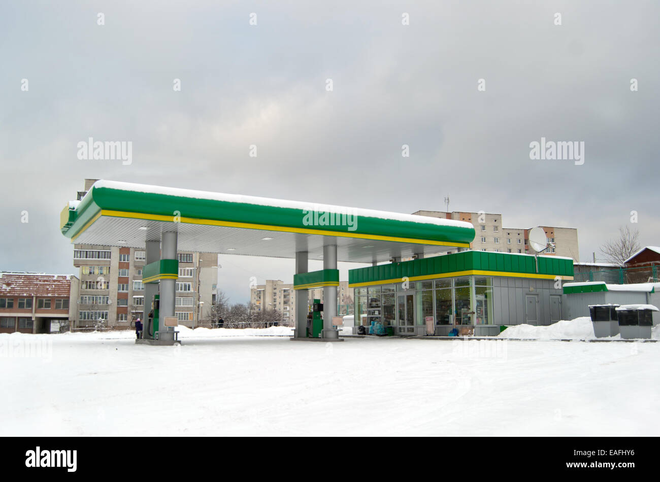 gas station in city. Winter Stock Photo Alamy
