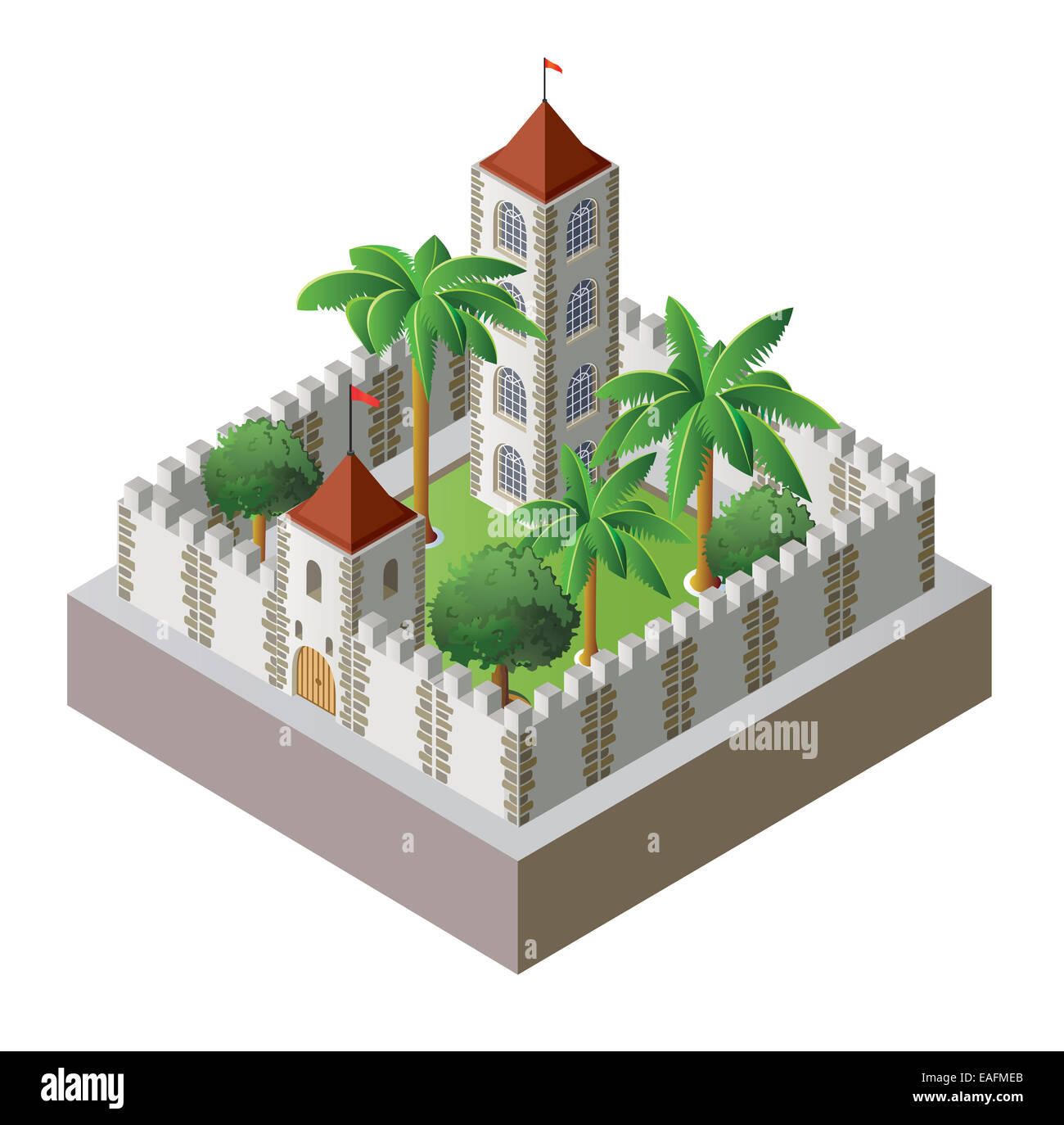Vector isometric fortress surrounded by a wall with a garden Stock ...