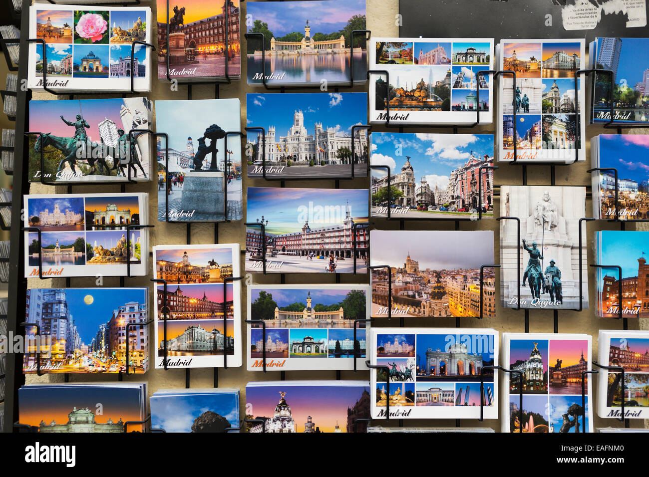 Spain, Madird, tourist postcards on display near Plaza mayor Stock