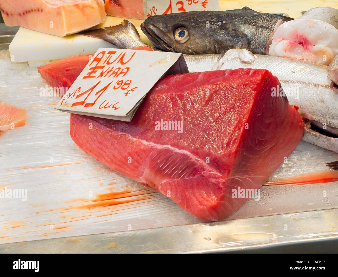 Almadraba Red Tuna piece in a market. Atlantic and mediterranean tuna. Stock Photo