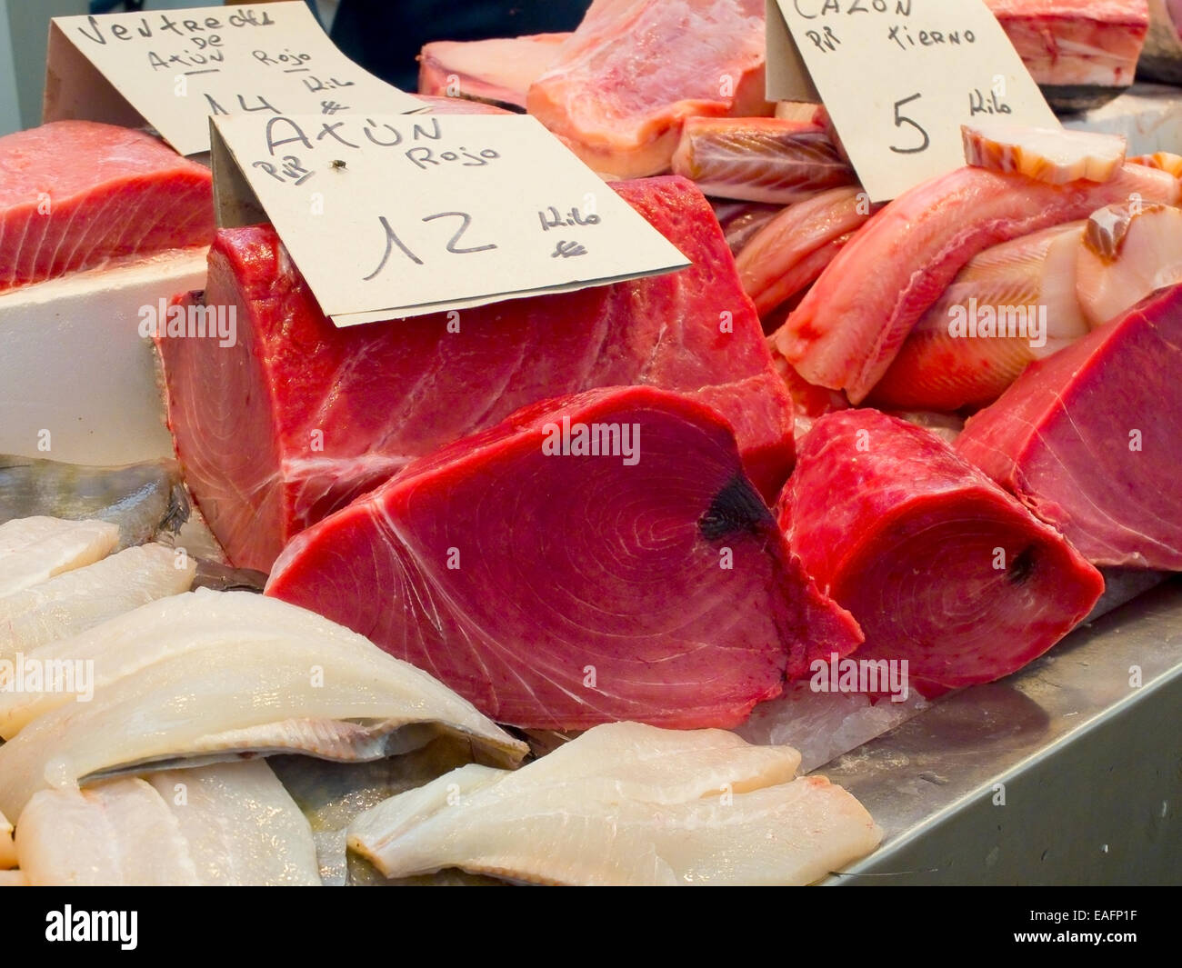 Almadraba Red Tuna piece in a market. Atlantic and mediterranean tuna. Stock Photo