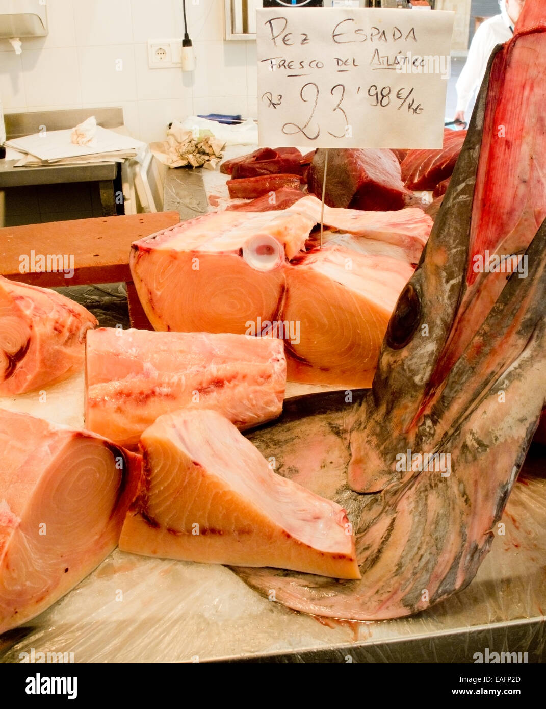 Swordfish pieces in a market. Atlantic swordfish. (Cartel in spanish that says: Swordfish. Fresh Atlantic.) Stock Photo