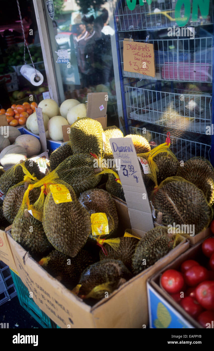 Australia, Victoria, Melbourne, Richmond, Victoria Street, Durians for sale, a delicacy (very acquired taste-and smell). Stock Photo