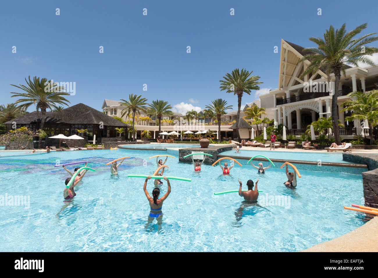 Water aerobics class at the Residence Hotel, Belle Mare Mauritius Stock Photo
