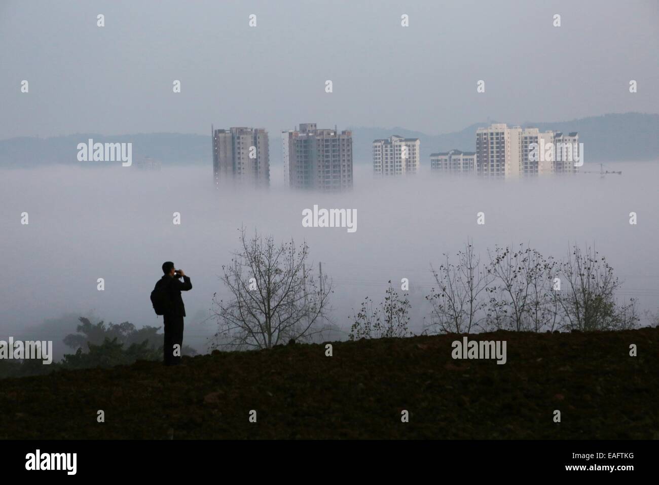 Chongqing. 14th Nov, 2014. A few high-rise buildings penetrate through a stratus cloud that casts over Dazu District of southwest China's Chongqing, early on Nov. 14, 2014. Credit:  Luo Guojia/Xinhua/Alamy Live News Stock Photo