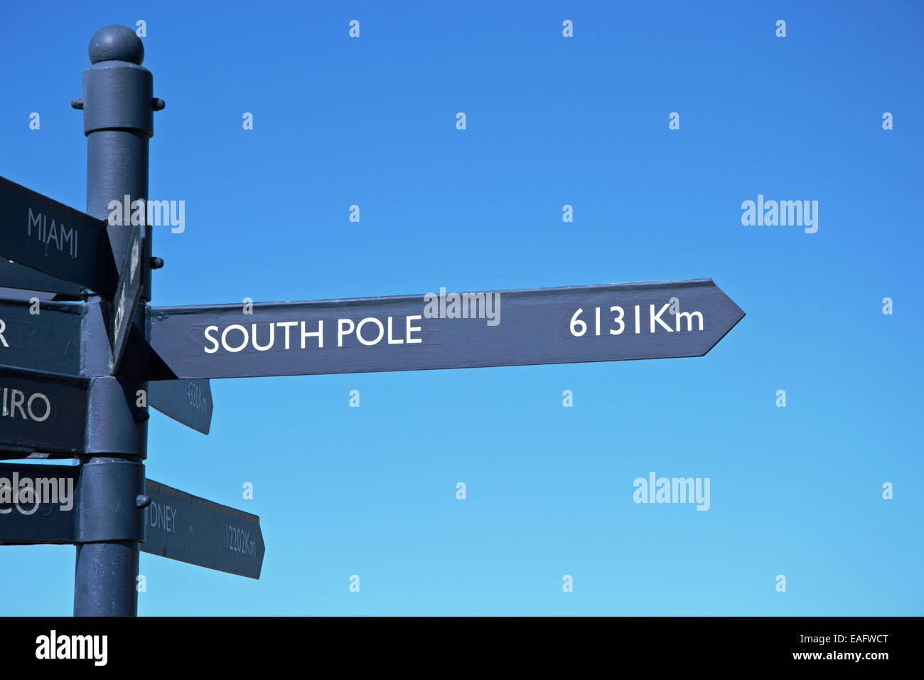 A signpost at the Victoria & Alfred Waterfront with the direction and the distance to the South Pole, Cape Town, South Africa. Stock Photo