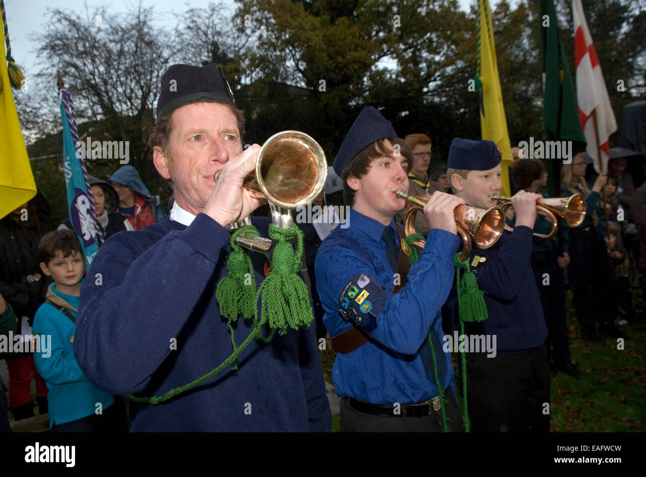 Band playing The Last Post beside new war memorial on Remembrance Sunday, Four Marks, Alton, Hampshire, UK. Stock Photo