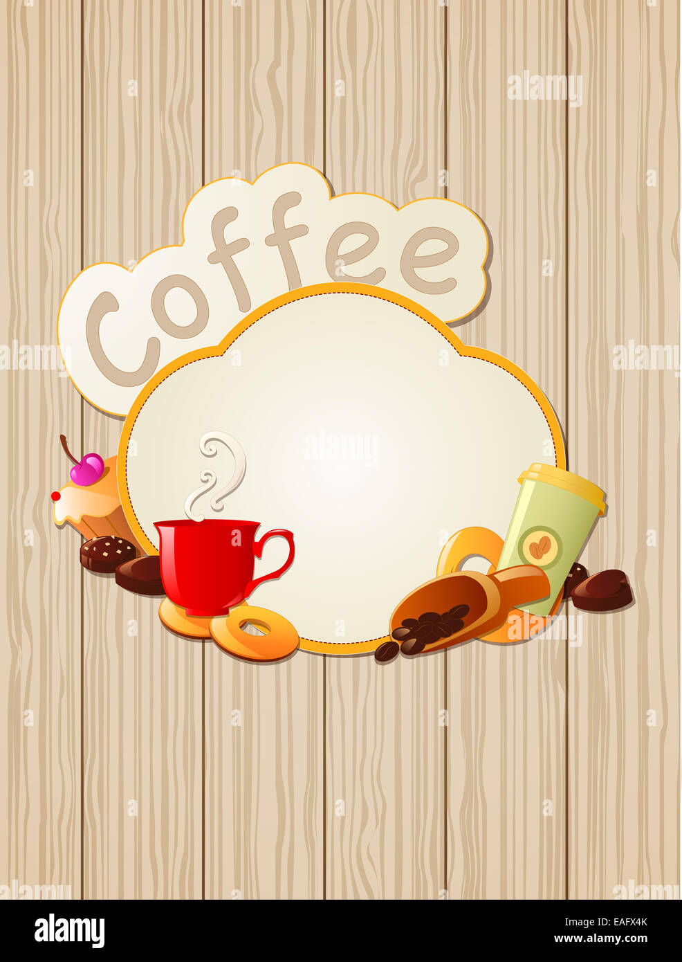 Background with coffee label, cup and cookies Stock Photo