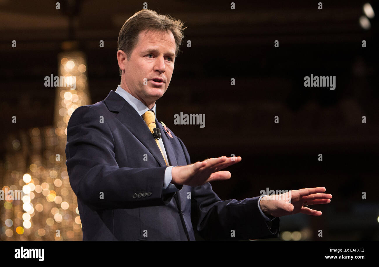 Nick Clegg,leader of the Liberal Democrat party, delivers his speech at the CBI annual conference in London Stock Photo